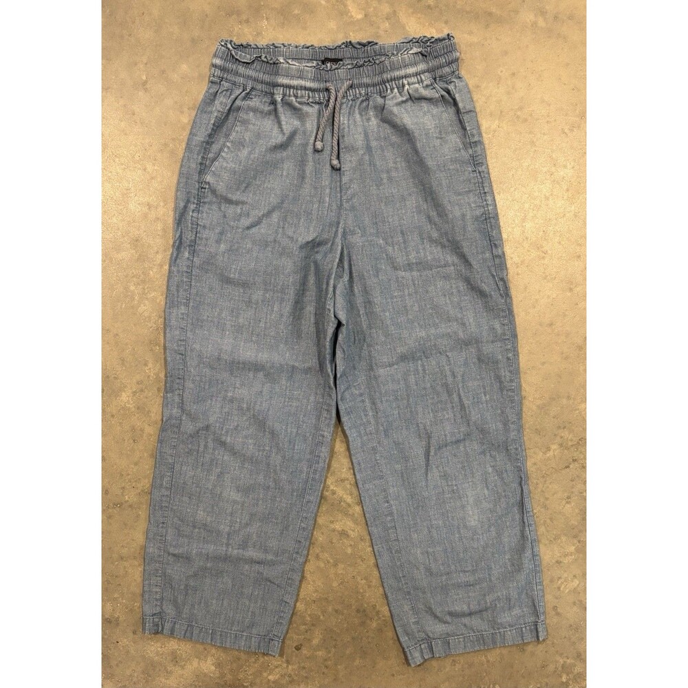 J.Crew Women's Sz 2 Chambray Blue Cotton Elastic Waist Cropped Pants Wide Leg